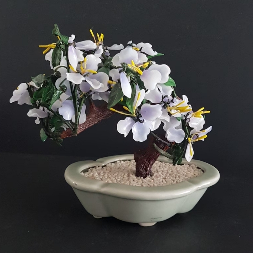 Vintage Glass Bonsai Tree: Purple Cherry Blossom Asian Decor (7x8 Inch)